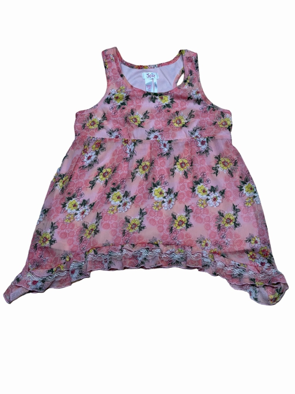 Justice Girls 16 Coral Pink Floral Lace Trim Sleeveless High Low Blouse Top